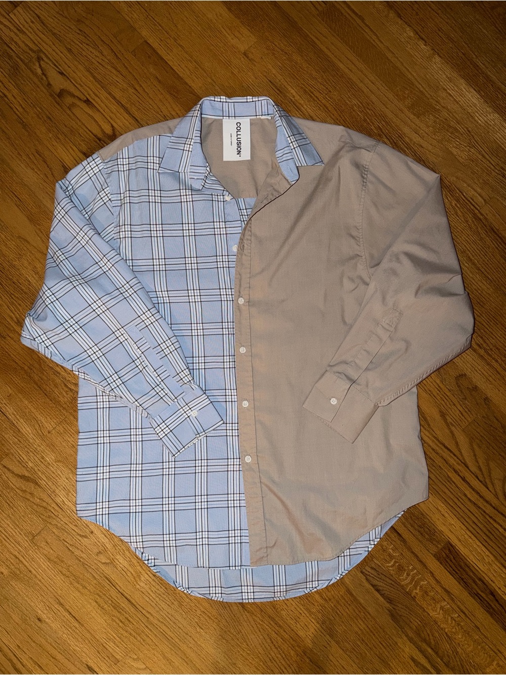 Two-Tone Blue Plaid and Tan Button-Up Shirt